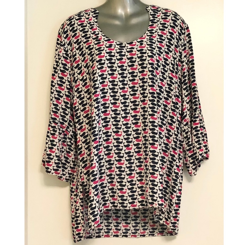 Escapada Navy & Pink Whale 🐳 Print Tunic XL Top Bell Sleeve Notch Collar EUC